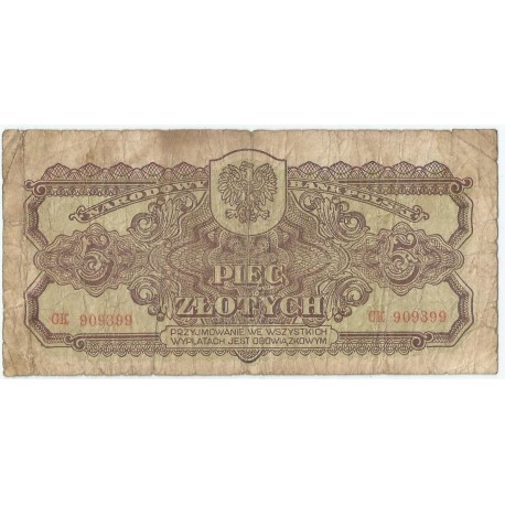 5 złotych 1944, w klauzuli OBOWIĄZKOWYM, seria CK, st. 6