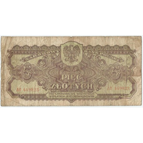 5 złotych 1944, w klauzuli OBOWIĄZKOWYM, seria AO , st. 5