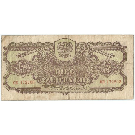 5 złotych 1944, w klauzuli OBOWIĄZKOWYM, seria OE, st. 4