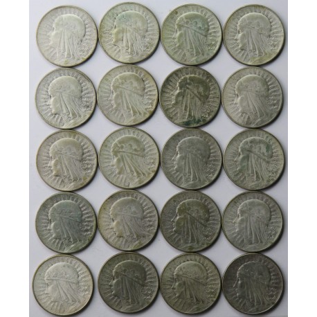 Lot: 20 x 5 złotych Głowa kobiety 1932-1934, stany 3/3+