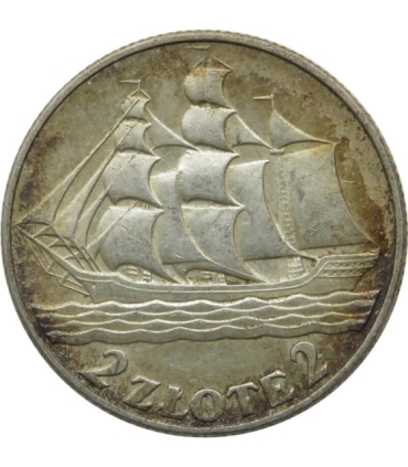 2 zł Żaglowiec 1936, stan 2-, ciemna patyna