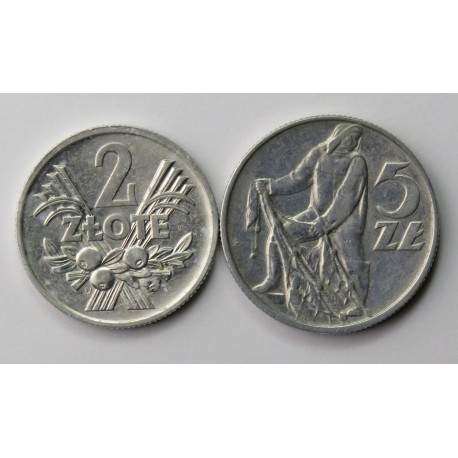 Lot: 2 zł Jagody + 5 zł Rybak, 1974, stan 2/2+