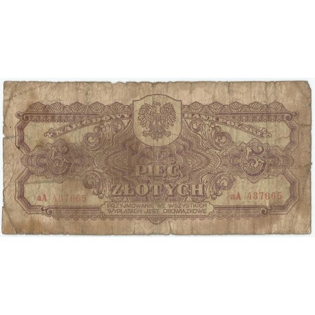 5 złotych 1944, w klauzuli OBOWIĄZKOWE, seria aA, st. 5-