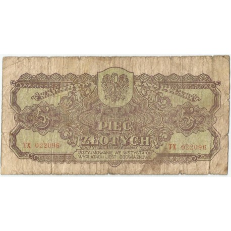 5 złotych 1944, w klauzuli OBOWIĄZKOWE, seria TX, st. 6+