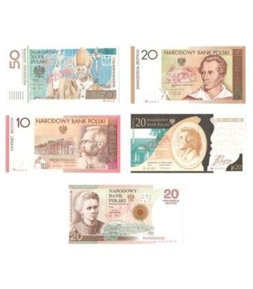 Oryginalny komplet (5 szt) wzorów banknotów kolekcjonerskich NBP