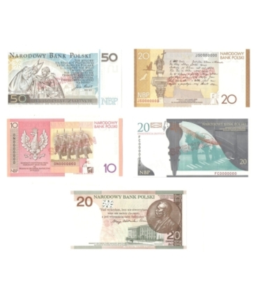Oryginalny komplet (5 szt) wzorów banknotów kolekcjonerskich NBP