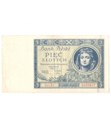 5 złotych 1930 rok, Seria DJ 0439617 stan 3+
