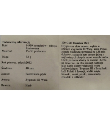 100 złotych dukatów 1621 - replika + certyfikat
