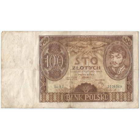 Banknot 100 zł 1934 rok, seria B.Z. stan 3-