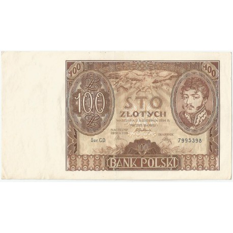 Banknot 100 zł 1934 rok, seria C.D. stan 3