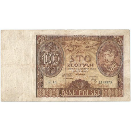 Banknot 100 zł 1932 rok, seria A.D. stan 3-