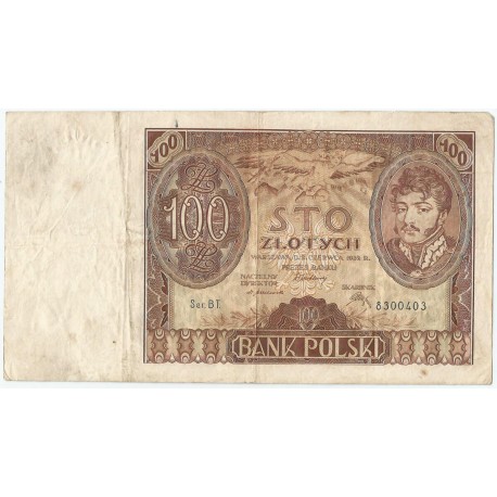 Banknot 100 zł 1932 rok, seria B.T. stan 3-