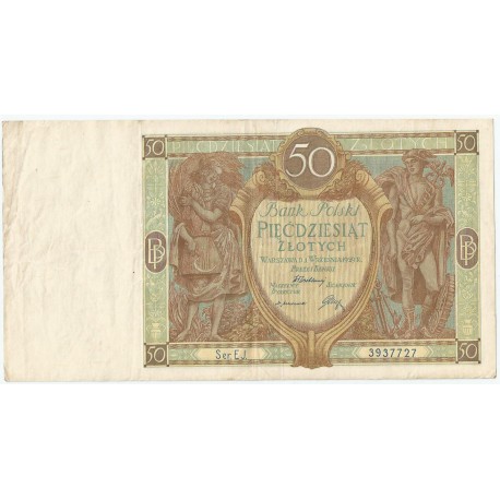 50 złotych 1929 r. stan 3-, seria EJ.