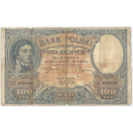 Banknot 100 zł, rok 1919 rok,  Kościuszko, seria S.B stan 4-/5+