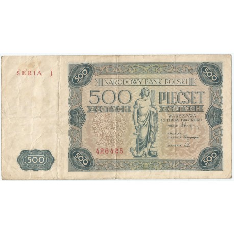 500 zł 1947,  Seria J, stan 4/4+