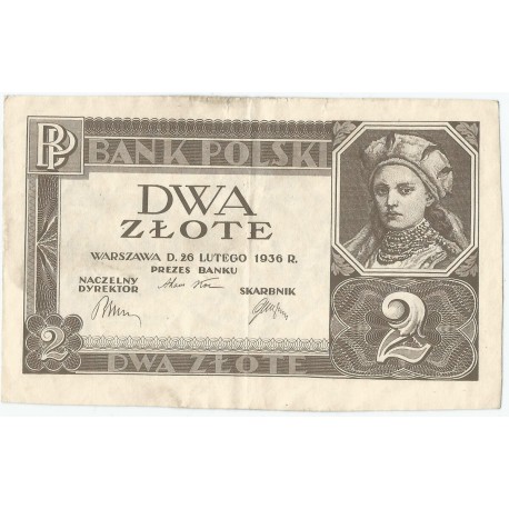 Banknot 2 zł, 1936r, bez poddruku, serii i numeracji, stan 3