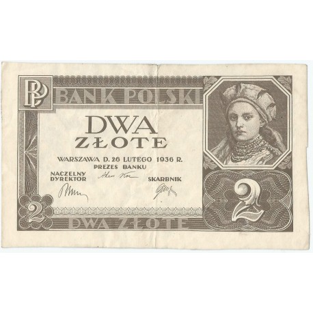 Banknot 2 zł, 1936r, bez poddruku, serii i numeracji, stan 3