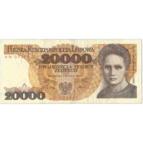 20000 zł, Maria Skłodowska-Curie, 1989, seria AN, stan 3/3-