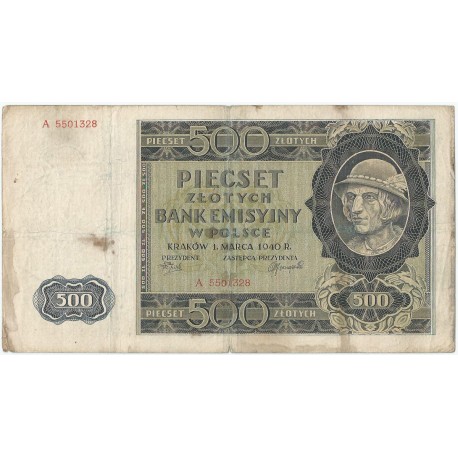 Banknot 500 złotych 1940 stan 3-, Ser. A, Góral