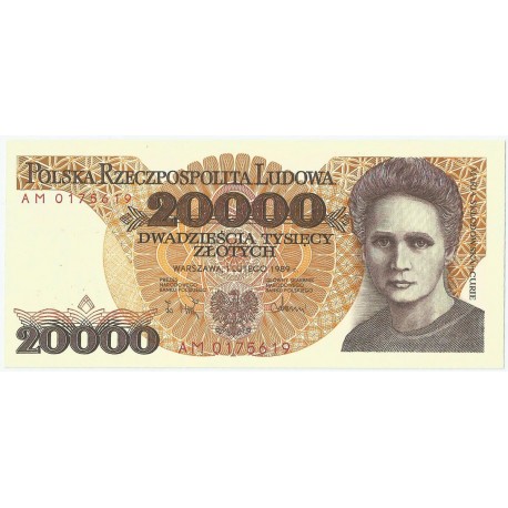 20000 zł, Maria Skłodowska-Curie, 1989, seria AM, stan 1