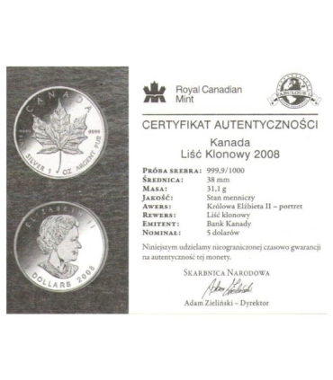 Kanada 5 dolarów Liść klonu, 2008, Ag999, 1OZ