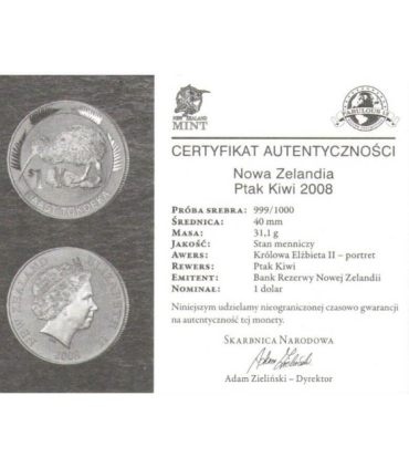 Nowa Zelandia, 1 dolar Ptak Kiwi 2008 Ag999