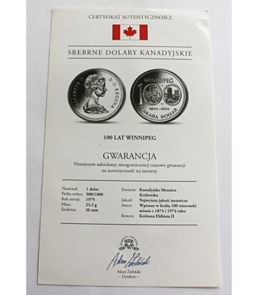 1 Dolar - 100 Lat Winnipeg 1975 r. - Kanada