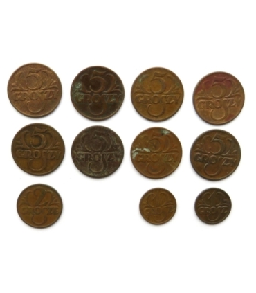 Zestaw monet 8 x 5 grosze, 1 x 2 grosze 2 x 1gr II RP