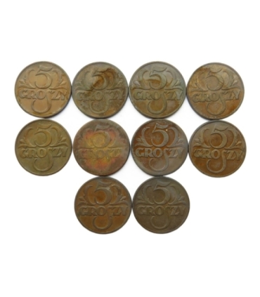 Zestaw monet 10 x 5 GROSZY II RP, stan 2/3