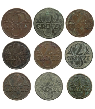 Zestaw monet 2 x 5 gr, 6 x 2 grosze + 1 grosz II RP