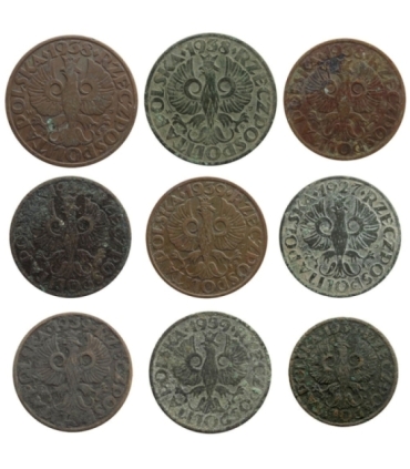 Zestaw monet 2 x 5 gr, 6 x 2 grosze + 1 grosz II RP