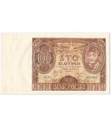 Banknot 100 zł 1934 rok, seria BD, niski numer 0022863, stan 3