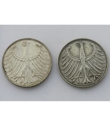 Niemcy 2 x 5 marek 1951 D, 1973 D, stan 2