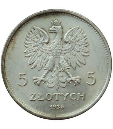 5 zł, Nike 1928, ze znakiem mennicy,  stan 1-, PIĘKNA