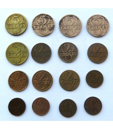 Zestaw monet 5 x 5 groszy, 6 x 2 grosze, 5 x 1 grosz II RP
