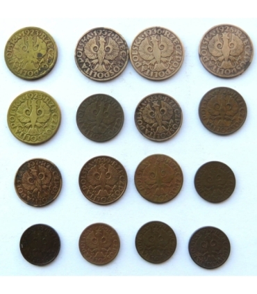 Zestaw monet 5 x 5 groszy, 6 x 2 grosze, 5 x 1 grosz II RP