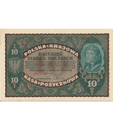 10 marek polskich , rok 1919, stan 2, II Serja CE 019860 niski numer
