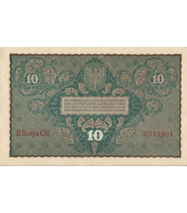 10 marek polskich , rok 1919, stan 2, II Serja CE 019901 niski numer