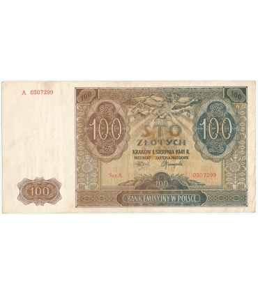 Banknot 100 złotych 1941 stan 2-, Ser. A 0307299, niski numer