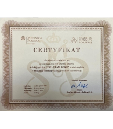Srebrna Sztabka Matka Boża Częstochowska, certyfikat