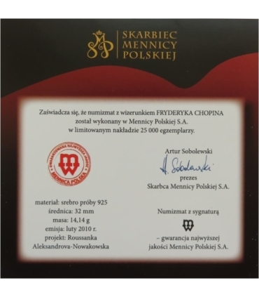 Medal Wielcy kompozytorzy, Fryderyk Chopin, Srebro 0.925