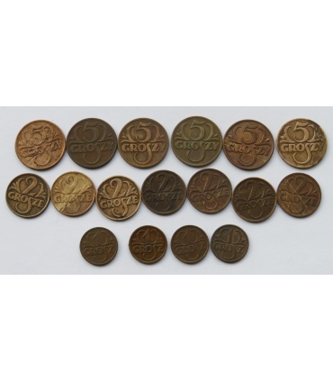 Zestaw monet 5 x 5 groszy, 6 x 2 grosze, 5 x 1 grosz II RP