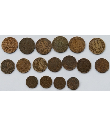 Zestaw monet 5 x 5 groszy, 6 x 2 grosze, 5 x 1 grosz II RP