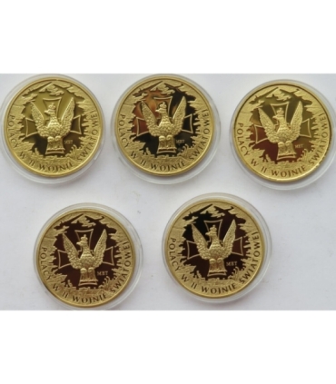 Polacy w II Wojnie Światowej - 5 numizmatów i certyfikaty, stan 1