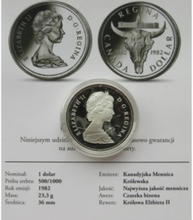 Kanada, 1 Dolar 1982, Bizon, certyfikat, stan 1