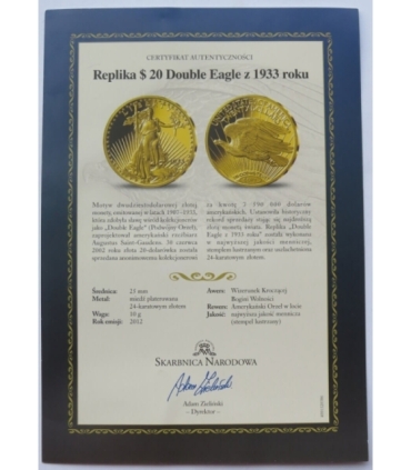 Replika, USA, 20 dolarów 1933, Double Eagle, 2012 r.