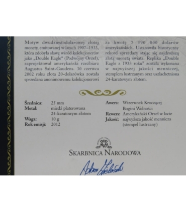 Replika, USA, 20 dolarów 1933, Double Eagle, 2012 r.
