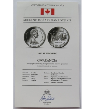 Kanada, 1 dolar 1975, 100 lat Winnipeg, stan 2+