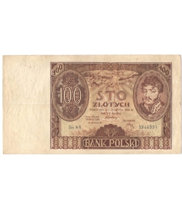 Banknot 100 zł 1932 rok, seria AN. 3944531, stan 3