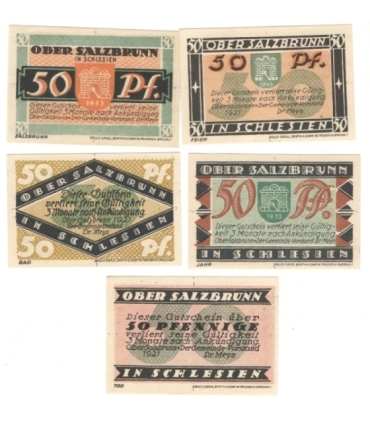 Banknoty zastępcze (notgeldy) Szczawno-Zdrój (Bad Salzbrun), 5 sztuk